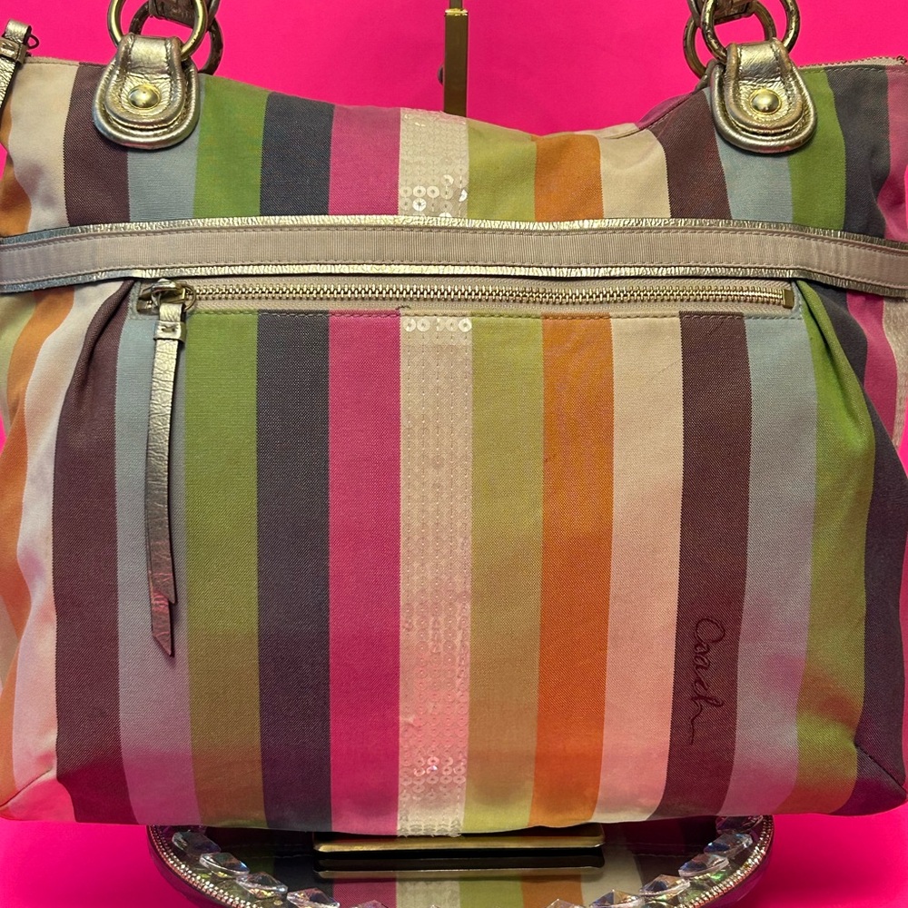 Coach Rehab Legacy Poppy Multicolor Striped Shoulder Bag 16.5 x 13